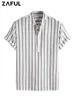 メンズカジュアルシャツZaful Striped for Men for Halfボタンカラーレス半袖ブラウスストリートウェアプルオーバーオフィストップZ4984953