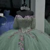 Mint Green Off Rzemant Shiny Ball Suknia Quinceanera Sukienki 2024 Klasyczne aplikacje koronkowe koraliki Słodka 16 sukienka Vestidos de 15 anos