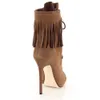 2024 NIEUWE SUEDE COOD SIN LEDER LEDER BOOTEN MOTORSCYCLE BOTES Knight Booties Peep-Toes Zipper Rivets Knie Catwalk Zipper Zip Tassel Veter op Stiletto Hoge hakken Maat 34-46