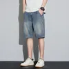 Jeans masculinos Homens de verão Denim Slim reto azul 2024 comprimento do joelho para calças casuais de roupas de rua