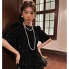 Casual Dresses Heavy Sequin Short Sleeved Black Velvet Dress Vintage Y2k Birthday Party Club Robe Femme 2024 Summer Vestidos De Mujer Hip