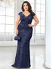 Party Dresses Lucyinlove Plus Size Elegant Blue Evening Dress For Women 2024 Luxury Long Mermaid Formal Sequins V-neck Prom Wedding Gown