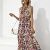 Casual Dresses Vintage Floral Leafs Print Maxi Dress for Women Bohemian Off Shoulder Halter Long Summer Lace Up Holiday Party