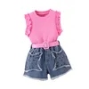 Sommerkinder Kleidungsstücke Mädchen Rüschen ärmellose Tops Strasssteine Quastenstars Denim Shorts 2pcs Fashion Kids Casual Outfit Z7926