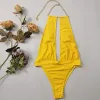 Costumes conjoints bikini fluorescent jaune en un morceau de maillot de bain 2024 creux de casse-lic