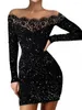 Повседневные платья черная элегантная вечеринка для женщин 2024 Осенняя зимняя кружевная сетка V-образное сетка с длинным рукавом сексуальное тонкое мини-платье женского пола