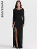 Повседневные платья Boofeenaa Асимметричная щель с длинным рукавом Maxi платье Элегантное черное вечернее вечеринка зима 2024 Сексуальные наряды для женщин C18-CI38