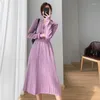 Casual Dresses Pleated Dress Women Long Sleeve Fashion Korean Woman Sweater Knitted Elegant Skirt Midi Beige Black Autumn 2024