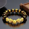 Strand Feng Shui Obsidian Stone Beads Bracelet Wristband Gold Color Black Pixiu Wealth Good Luck Women Men Unisex