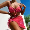 Women's Swimwear Swimsuit 3 Piece Set Halter Tie Dye Bikini With Sun Protective Sheer Cover Up Mesh Skirt