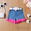 Summer Little Girls Clothes Set Kids Dew Shoulder Plush Tops Denim Shorts Love Heart Buckle Belt Bows Hat 4st Sweet Children Outfits Z7928