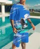 Erkek Trailtsits Yaz T-Shirt Seti 3D Mürekkep Renkli Okyanus Baskı Kısa Kollu İki Parça Sıradan Banliyö S-3XL