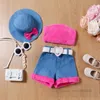 Summer Little Girls Clothes Set Kids Dew Shoulder Plush Tops Denim Shorts Love Heart Buckle Belt Bows Hat 4st Sweet Children Outfits Z7928