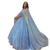 Vestido de brillo de cielo azul de la princesa de la princesa de la princesa de la princesa de la princesa de la princesa con la envoltura larga de la envoltura del corazón Sweet 16 Vestidos Vestidos 15 Anos es