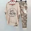 2 stks/set dames zomer casual pak losse ronde nek bedrukte sportkleding ademende katoenen blend camouflage outfit dame 240418