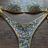 Set 2024 Sexy Halter Women Push Up Luxury Diamond String Gold Bikini Sets Rhinestone Swimwear Crystal Honey Moon Beachwear