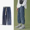 High Street Instagram Jeans Erkek Marka Marka Gevşek Ayaklar Panel Damalı Hip Hop Kayış Gündelik Pantolon Erkekler