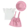 Kledingsets Blotona Little Girls Summer 3-delige outfits Vliegende mouw Crewneck Tops Bow Decorated Suspender Rok Hoed Set 6 maanden