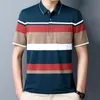 Mens Color Woven Striped Short Sleeved POLO Shirt Cotton Summer Casual Top 240417