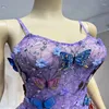 Scene Wear Women Short Dress Mesh Butterfly Crystaos Rhinestones Purple Wedding Evening Party Nightclub Sexig transparent kostym