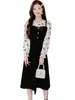 Casual Dresses Floral Long Sleeve Midi Dress Autumn Winter Thck Warm Corduroy 2024 Elegant Women Bodycon Party Evening Maxi