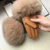 Gloves Women's Real Sheepskin Fox Fur Genuine Leather Glove Winter Warm Fashion Style Natural Fluffy Fox Fur Oversized