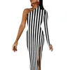 Casual Dresses Retro Stripes Bodycon Dress Spring Vertical Striped Sexy Side Split Long Sleeve Custom Party