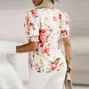 Frauenblusen lässig losen Pendler T-Shirts Damen elegante V-Ausschnitt Single Breaceed Slim Shirt Summer Short Sleeve Muster gedruckt