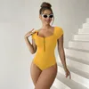 One Parça Mayo Kadın Fermuar Front Sport Mayo Seksi Monokini Bodysuit Kadın Brezilya Plaj Üçgen Yüzme Takım