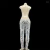 STAGE PEUT SEXY SPILLING Silver Mirror Rhingestone Transparent Jumps Cuit Anithrer Célébreux Costume Backless Femmes Leggings de soirée