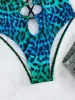 Sätt sexig ihålig ut en bit baddräkt Kvinnor Blue Leopard Print Gradient Bandage Backless Bikini Bathing Suit Thong Badkläder 2024