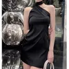 Casual Dresses Elegant Satin Black Sleeveless Halter Neck Party Dress For Women Sexy Slim Solid Short Lady Summer Fashion Vestidos 27010