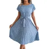 Casual Dresses Spring Summer Floral Dress Crewneck Female Loose Lace-Up Large Swing Fashion Exquisite Elegant Pleated for Cocktail Party