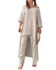 Women's Two Piece Pants Elegant Loose Womens Peice Sets Irregular Long-sleeved Top High Wais Wide Leg Set Large Size Cotton Linen