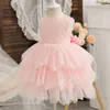 Mädchenkleider süße rosa flauschige Prinzessin Geburtstag Kostüm Spitze Blume Weihnachtskleid Casual Wear Kinder Tüll Kleidung 2-6T