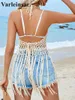 Sexy Fringe Tassel Hollow Out Crochet Tunic Tunic Beach Coverp ups Dress Use Beachwear Feminino Mulheres V5573