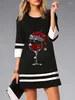 Casual Dresses Spring Women's Dress Black Christmas Print Seven-point Sleeve O Neck Fall Women Fashion Mini Party Vestidos