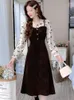 Casual Dresses Floral Long Sleeve Midi Dress Autumn Winter Thck Warm Corduroy 2024 Elegant Women Bodycon Party Evening Maxi