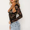 hirigin Sexy Club Party Low Cut T Shirt Vintage Floral Lace Sheer Crop Tops 2 Piece Set Matching Bralette Women Long Sleeve Tee 240416