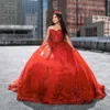 Gown Dresses Ball Princess Quinceanera Strapless Pluffy Prom Special Ocn Wear Red Sequins Lace Appliques Corset Organza Sweet 16 Dress