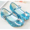 Princess Kids Leather Shoes for Girls Flower Casual Glitter Children High Heel Butterfly Knot Blue Pink Silver 240415