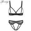 Bras Sets Womens See Through Sheer Mesh Sexy Lingerie Set Female Adjustable Straps Open Cups Bra Top With Crotchless Briefs Underwear Suit