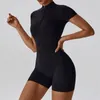 Women's Shapers Summer Zipper Short Sleeve Yoga Bodysuit Jumpsuits Gym Clothes Push-up Workout Tracksuit Dance Fitness