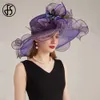 FS Organza Carnival Cap Lady Wide Brim Hats For Women With Mesh Feather Flowers Wedding Bride Church Fedora 240412