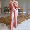 Sexy Vneck Pullover Blouse Long Pants Set Casual Short Sleeve Pocket Loose 2Pc Suits Elegant Silk Satin Solid Outfits 240426