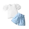 Ensembles de vêtements Ewodos Toddler Petite fille Été Set Set à manches courtes 3D Petal Tops côtelés Entre Shorts de couleur unie 2 pièces pour 1-6