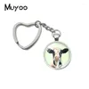 Keychains 2024 Floral Cow Heart Keychain Animal Art Glass Dome Cabochon Jewelry Gift