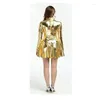 Casual Dresses Womens Metallic Shiny Long Sleeve A-line Dress Rave Party Clubwear Turtleneck Patent Leather Mini Music Festival Clothes