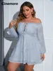 Cinemore Plus Size Dresses for Women Sexy Off Shoulder Lace Up A Line Mini Dress Chic Elegant Woman Long Sleeves 1102 240412
