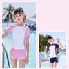 Double Layers Shorts Girls Swimwear Two-Pieces Suits Summer Beach Clothes L-5XL Kids Short-sleeve Swimsuit For Girl Pink Black 240422